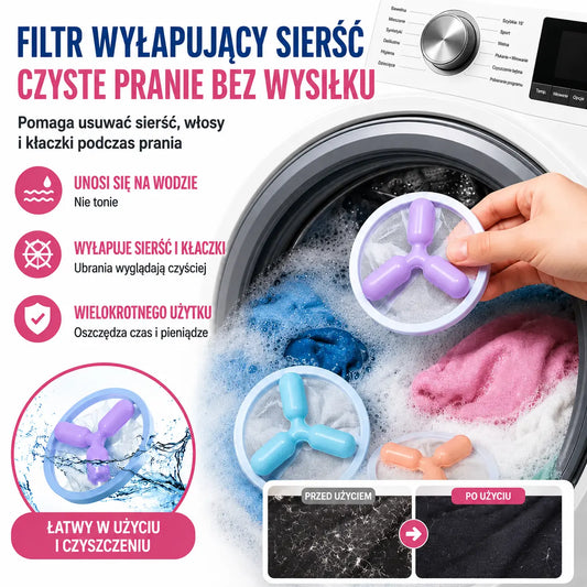 🌀 6 szt. tylko 99 zł! 🧺🐾 Koniec z sierścią na ubraniach! Pływające filtry do pralki – zbierają sierść, włosy i kłaczki podczas każdego prania ✨